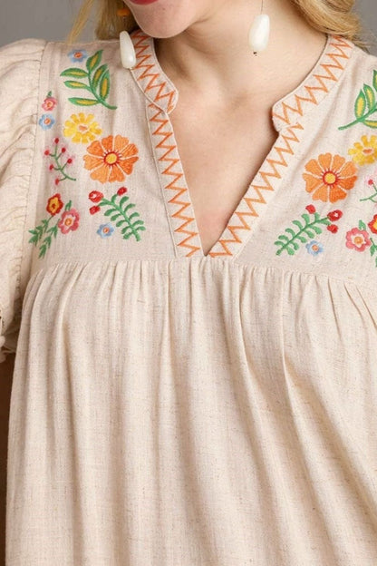 Hazel Blues® |  Floral Embroidery Pom Pom Ruffle Sleeves Mini Dress