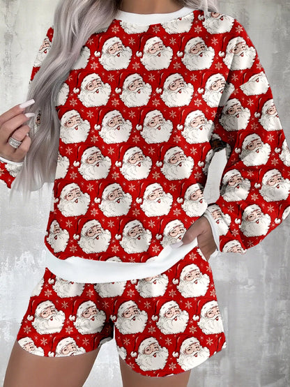 Hazel Blues® |  Christmas Santa Print Round Neck Top and Shorts Lounge Set