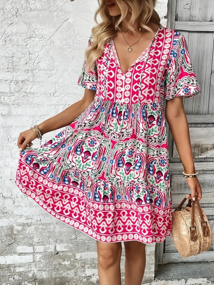 Hazel Blues® |  Printed Tie Neck Short Sleeve Dress
