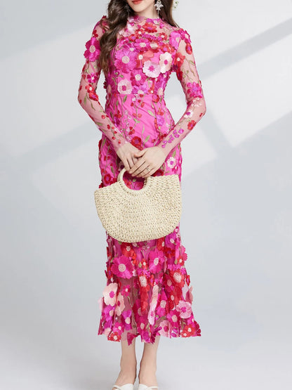 Hazel Blues® |  Floral Embroidered Mesh Long Sleeve Midi Dress
