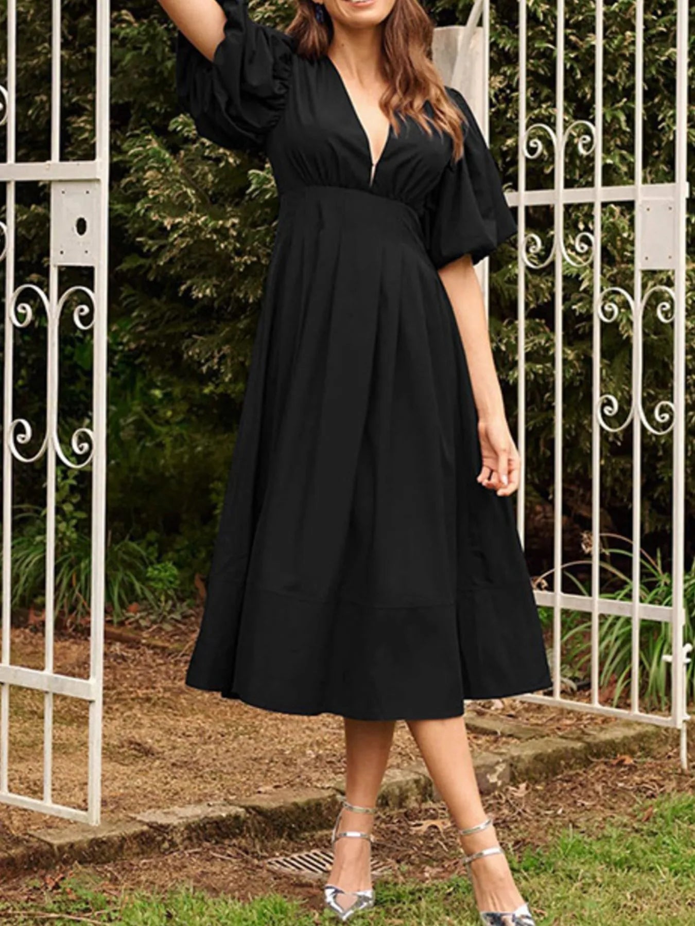 Hazel Blues® |  V-Neck Puff Sleeve Midi Dress