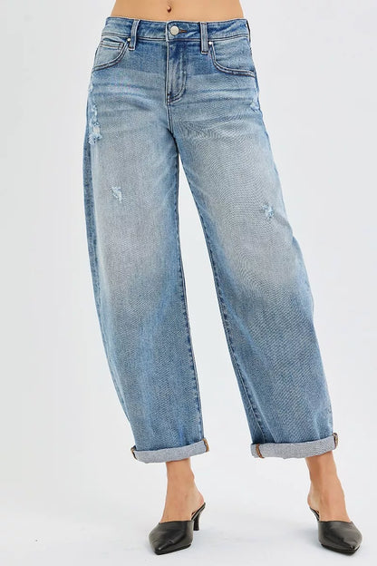 Hazel Blues® | RISEN Slouchy Ankle Length Barrel Jeans with Cuffs