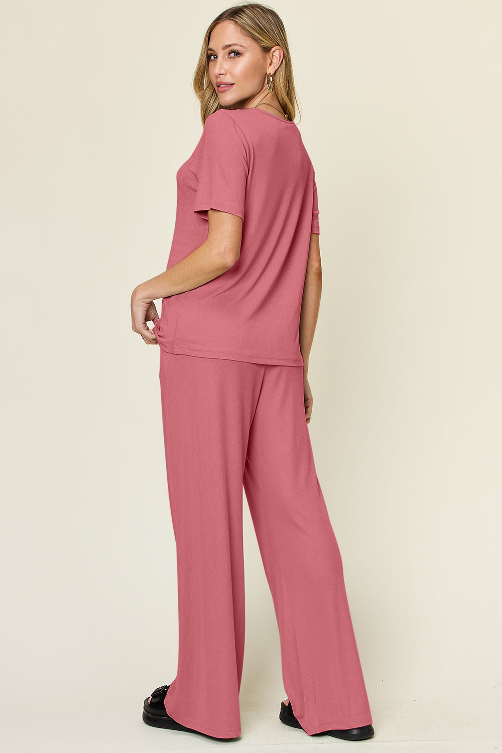 Hazel Blues® |  Double Take Round Neck Short Sleeve T-Shirt and Wide Leg Pants Set