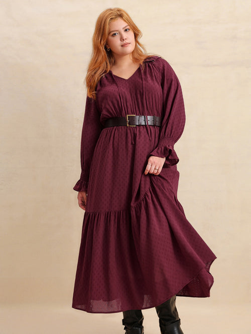Hazel Blues® | Swiss Dot Tie Neck Flounce Sleeve Maxi Dress