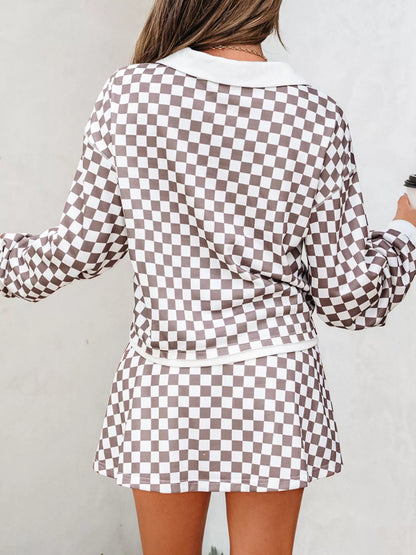 Hazel Blues® |  Checkered Print Polo Collar Cropped Long Sleeve Top and Drawstring Mini Skirt Set