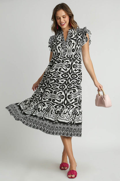 Hazel Blues® | Umgee Two Tone Border Print Ruffle Cap Sleeve Midi Dress
