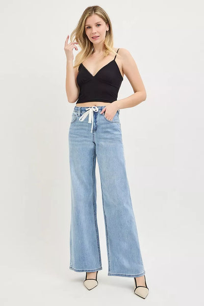Hazel Blues® |  RISEN Elastic Band Slouchy Wide Jeans with Drawstring