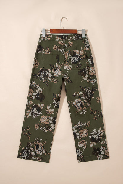 Hazel Blues® |  Green Vintage Floral Print Square Patch Pocket Raw Hem Shift Jeans