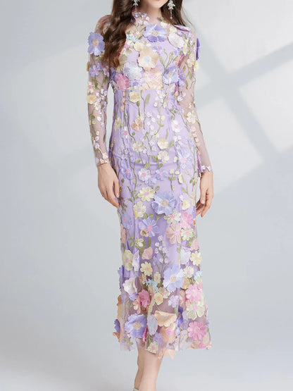 Hazel Blues® |  Floral Embroidered Mesh Long Sleeve Midi Dress