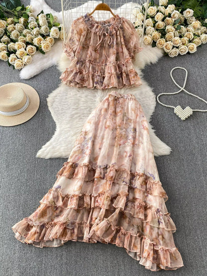 Hazel Blues® |  Floral Print Ruffle Hem Blouse and Skirt Set