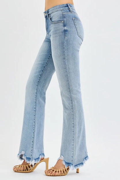 Hazel Blues® | RISEN Tummy Control Mid Rise Flare Jeans with Fray Hem Detailed