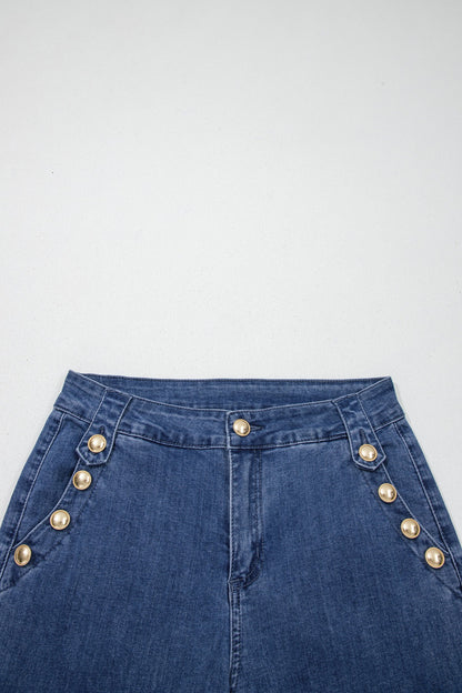 Hazel Blues® |  Ashleigh Blue Golden Button Detail Rolled Edge Flare Leg Jeans
