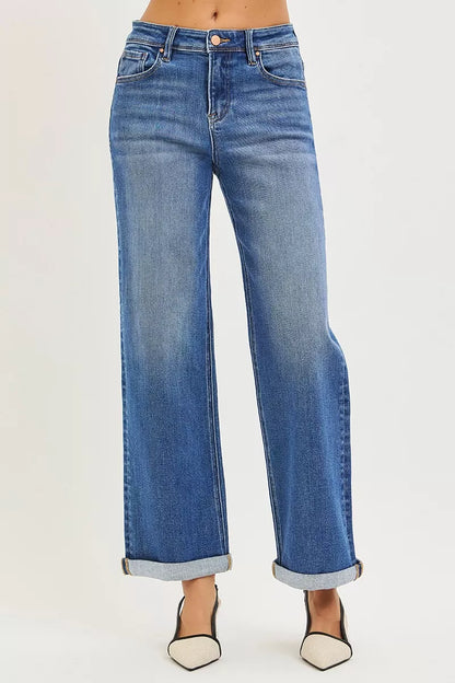 Hazel Blues® | RISEN High Rise Relaxed Fit Ankle Straight Cuff Jeans