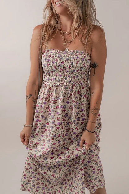 Hazel Blues® |  Multicolour Bohemian Ditsy Floral Smocked Fit Flare Sundress