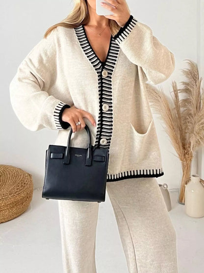 Hazel Blues® |  Button Up V-Neck Cardigan and Pants Sweater Set