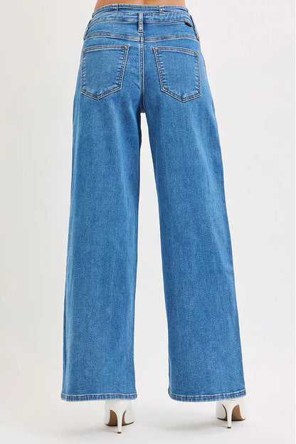 Hazel Blues® | RISEN Mid Rise Fit Wide Leg with Pleated Detail Jeans