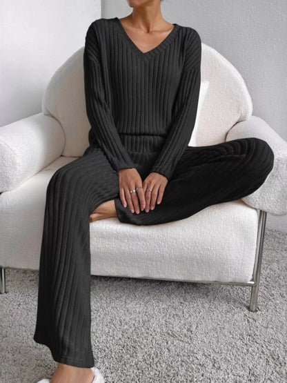 Hazel Blues® |  Ribbed Knit V-Neck Top and Pants Set