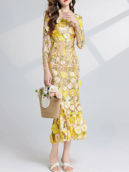 Hazel Blues® |  Floral Embroidered Mesh Long Sleeve Midi Dress