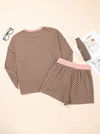 Hazel Blues® |  Checkerboard Long Sleeve Pullover and Shorts Set