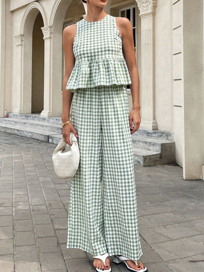 Hazel Blues® |  Gingham Sleeveless Top and Wide-Leg Pants Set