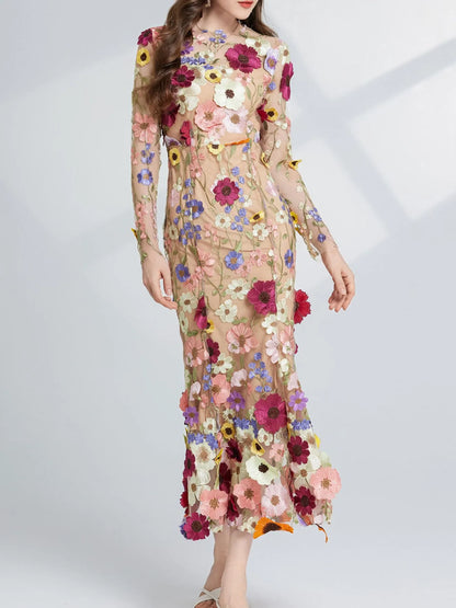 Hazel Blues® |  Floral Embroidered Mesh Long Sleeve Midi Dress