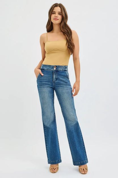 Hazel Blues® | RISEN Tummy Control High Rise Bootcut Jeans with Double Button Waistband