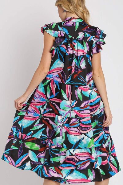 Hazel Blues® | Umgee Leaf Print Double Layered Ruffle Sleeve Tiered Midi Dress