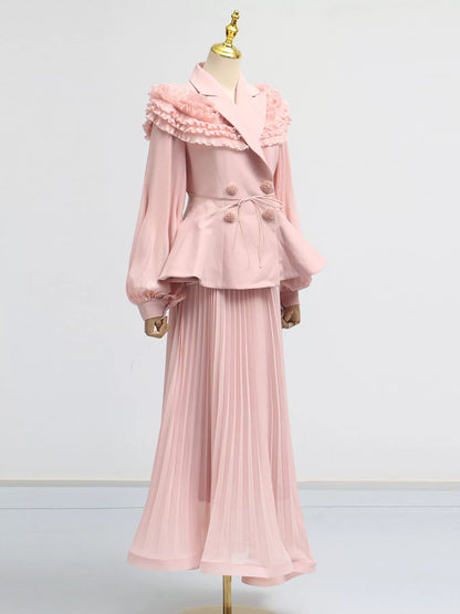 Hazel Blues® |  Frill Lapel Collar Top and Pleated Skirt Set