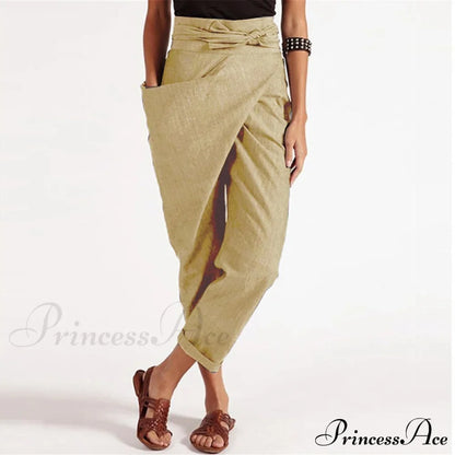 Irregular Lacing Cropped Casual Solid Color Trousers