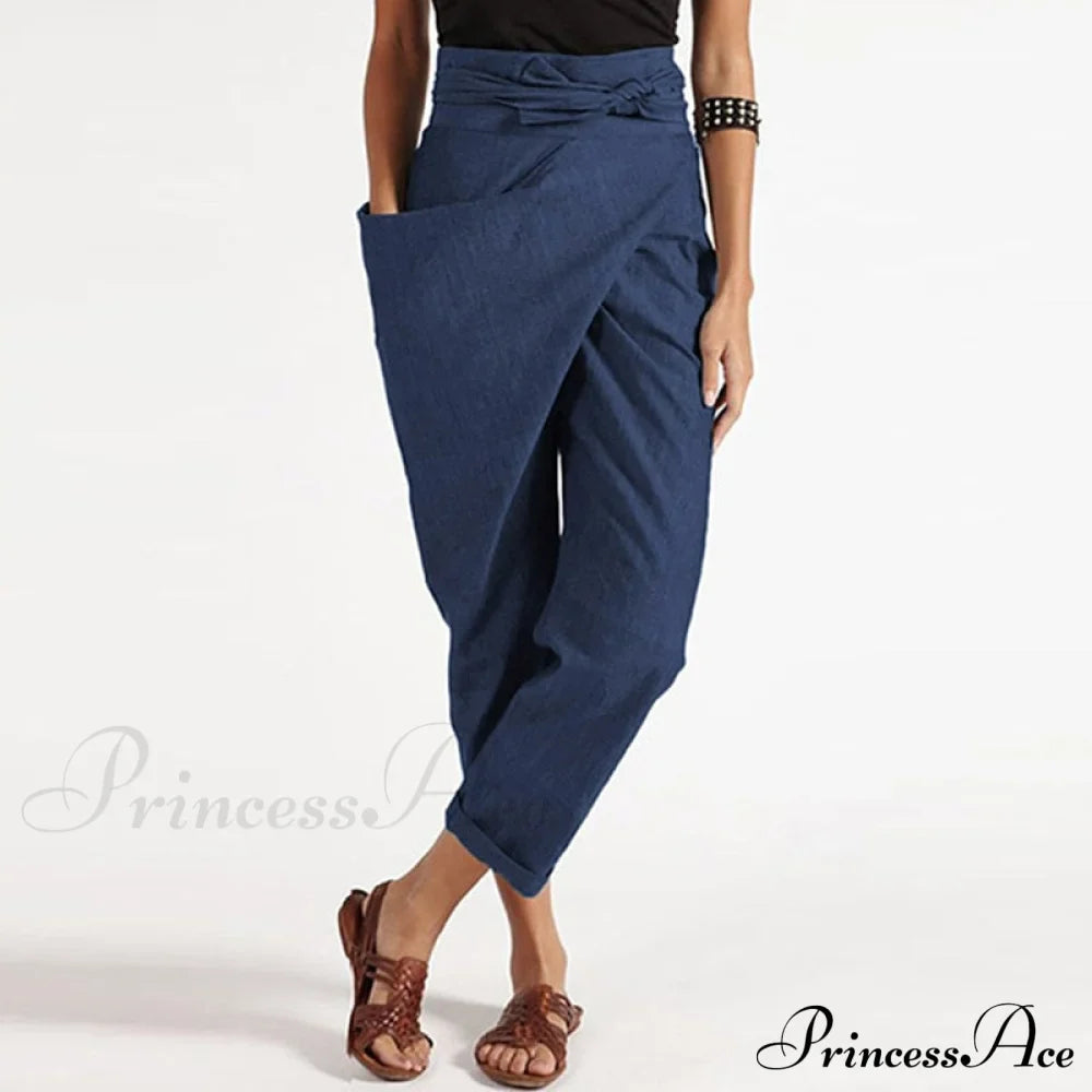 Irregular Lacing Cropped Casual Solid Color Trousers