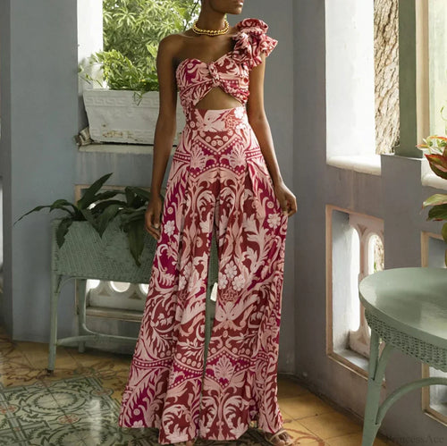One Shoulder Print Pants Two Piece Set