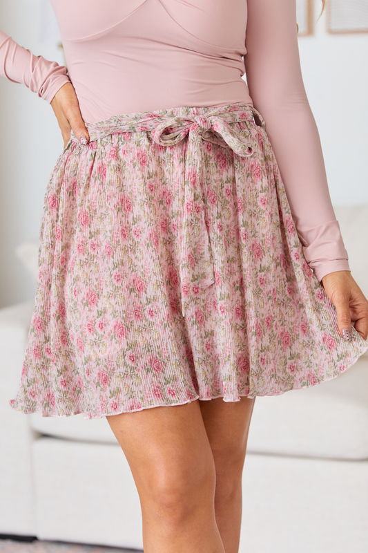 Brunch and Beyond Pink Multi Pleated Belted Floral Skort FINAL SALE