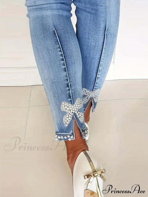 Women's Blue High-Stretch Skinny with Faux Pearl Decor and Slim Fit - Stylish and Comfortable Denim Jean